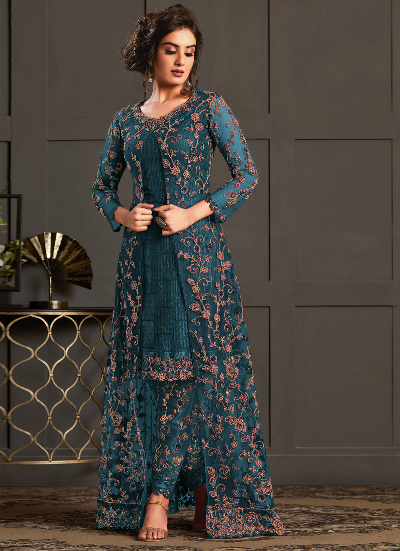 Vegaa Fashion Turquoise Heavy Net Embroiderd Pakistani Suit | Grocsy