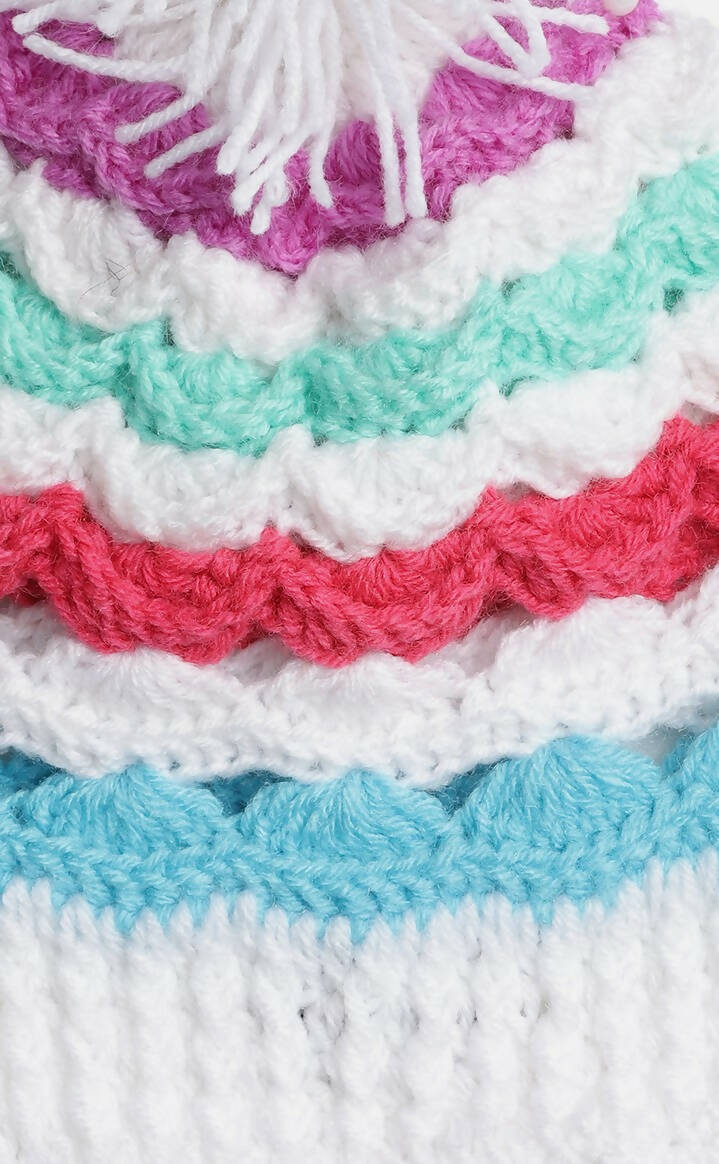 Chutput Kids Woollen Hand Knitted Striped Design Detailed Bobble Cap - Multi | Grocsy