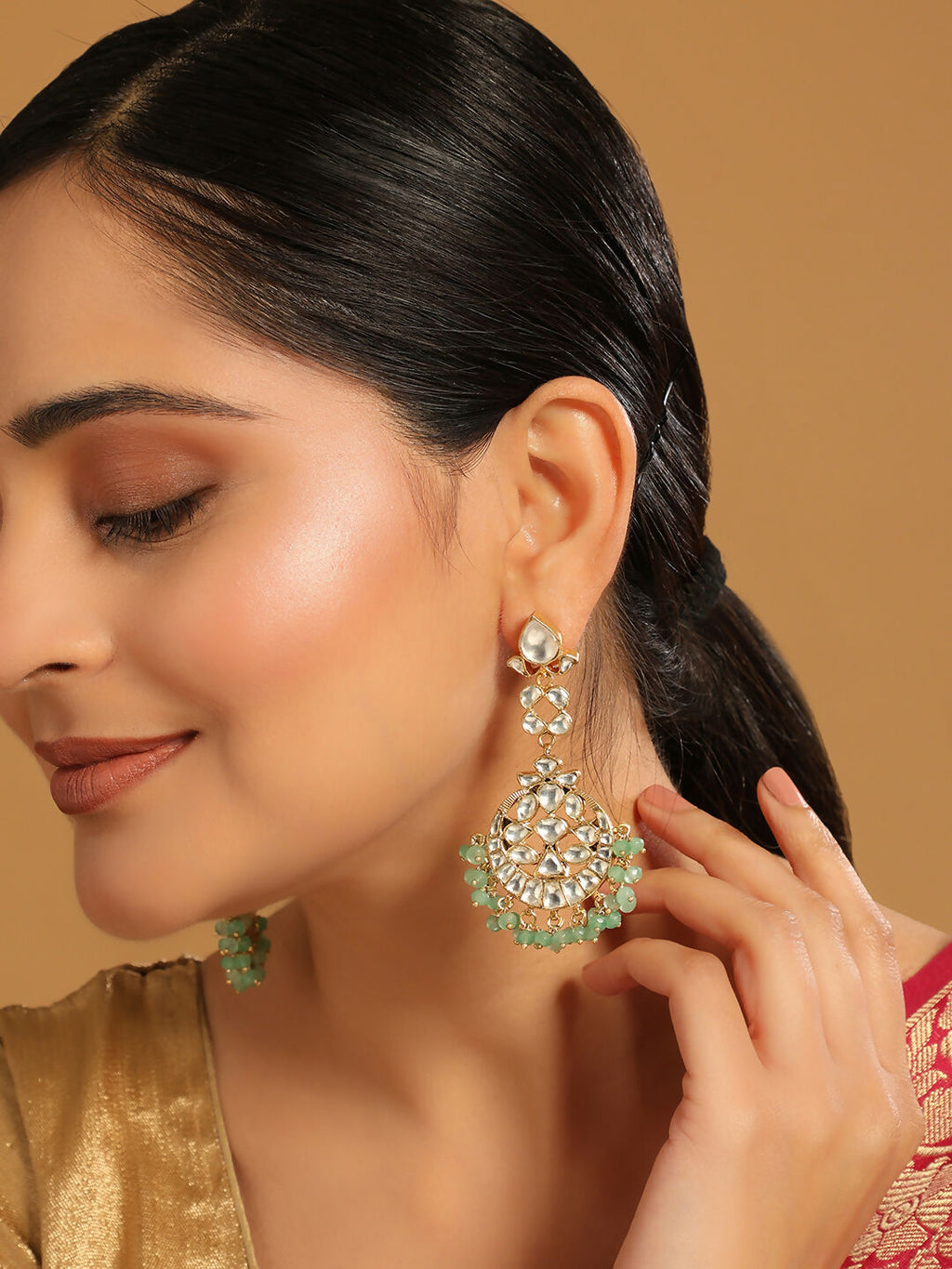 Nuyug 22K Gold Plated Regal Green Kundan Chandbali Earrings | Grocsy