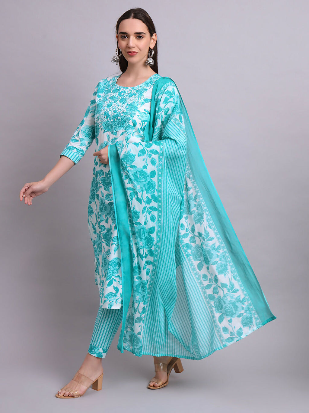 Joban Fashion Green Cotton Floral Printed & Embroidery Work Kurta With Trousers & Dupatta Set | Grocsy