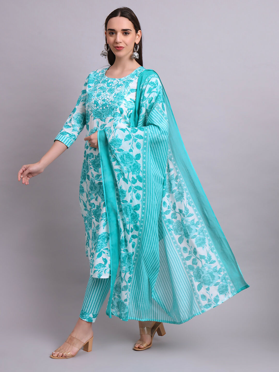 Joban Fashion Green Cotton Floral Printed & Embroidery Work Kurta With Trousers & Dupatta Set | Grocsy