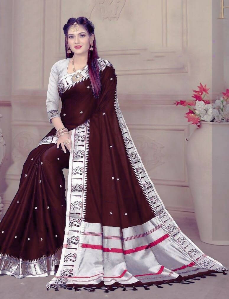 DEIANA'S Beautiful Designer Golden zari Soft Lichi Silk Saree - Wine | Grocsy