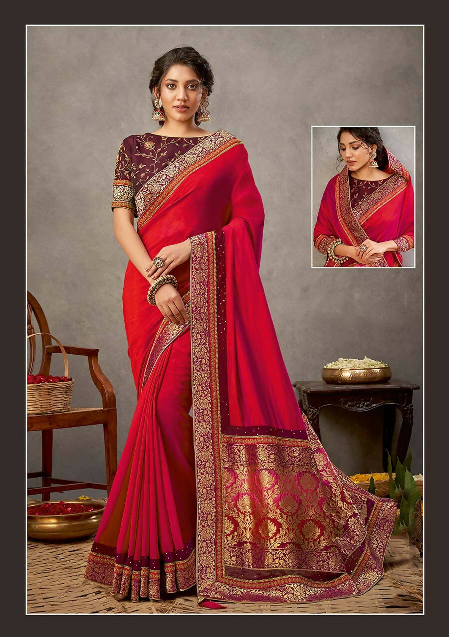 Pinkish-Purple Dual Tone Silk Georgette Thread, Zari And Cord Embroidery, Handwork Butta Saree - Norita Arinya | Grocsy