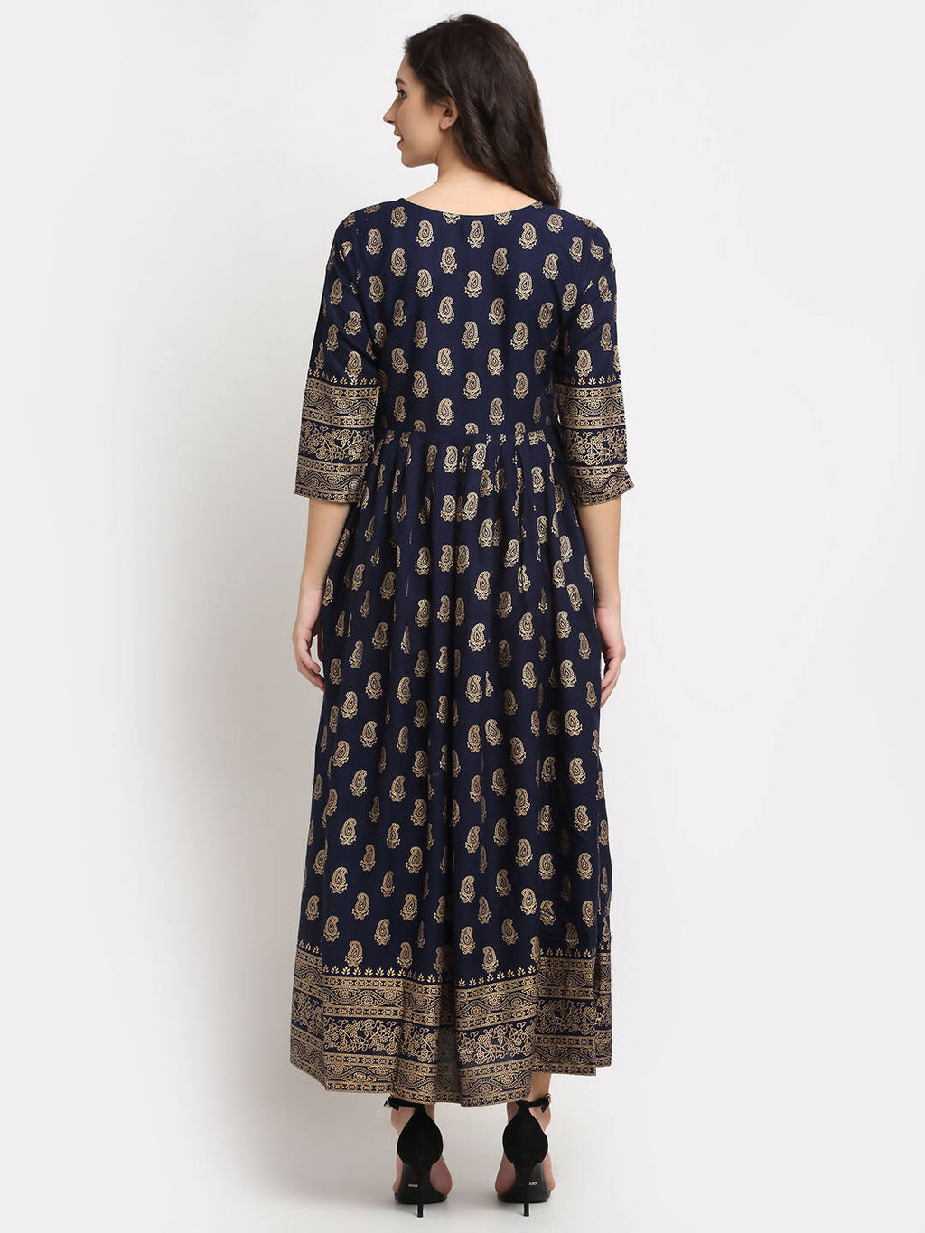 Rudra Bazaar Gold Printed A-Line Blue Kurti | Grocsy
