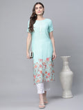 Ahalyaa Women Sky Blue Rayon Printed Kurta Pant Set | Grocsy
