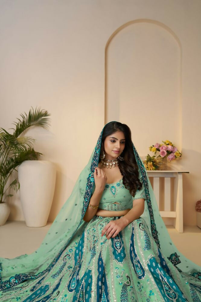 Kesar Fab Sky-Blue Banarasi Silk Embroidered Lehenga | Grocsy
