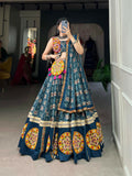 Vastranavya Navaratri Special Pure Rayon Printed With Foil Work And Gamthi Patch Work With Lace Touch Up Lehenga with Stitched Blouse - Teal | Grocsy