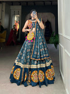 Vastranavya Navaratri Special Pure Rayon Printed With Foil Work And Gamthi Patch Work With Lace Touch Up Lehenga with Stitched Blouse - Teal | Grocsy