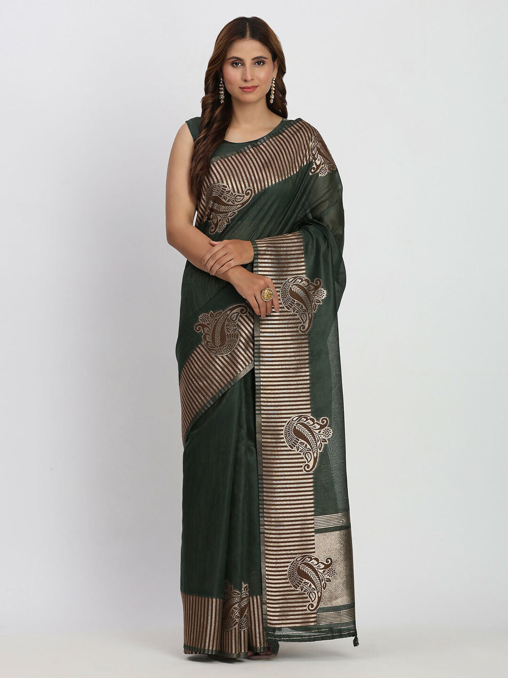 Shree Shyam Fashion Linen Cotton Dark Green Saree | Grocsy
