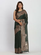 Shree Shyam Fashion Linen Cotton Dark Green Saree | Grocsy