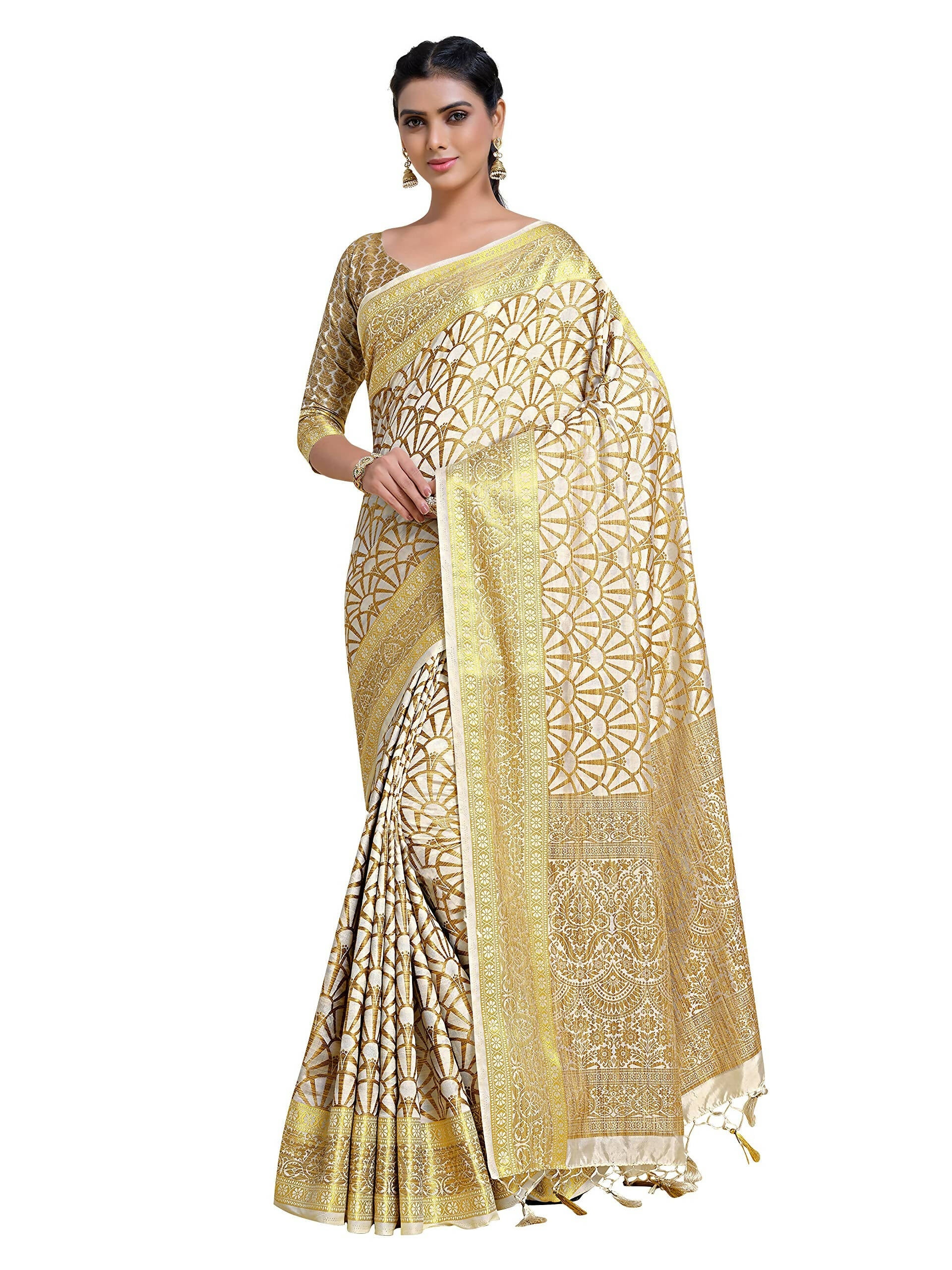 Mimosa Women's Off-White Kanjivaram Art Silk Saree | Grocsy
