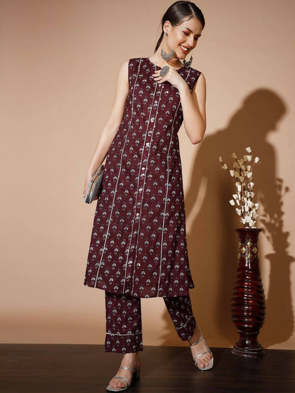 Myshka Women Rust Floral Kurta & Trousers | Grocsy