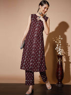 Myshka Women Rust Floral Kurta & Trousers | Grocsy
