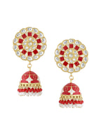 NVR Women Gold-Polished Red Dome Shaped Meenkari Jhumkas Earrings | Grocsy