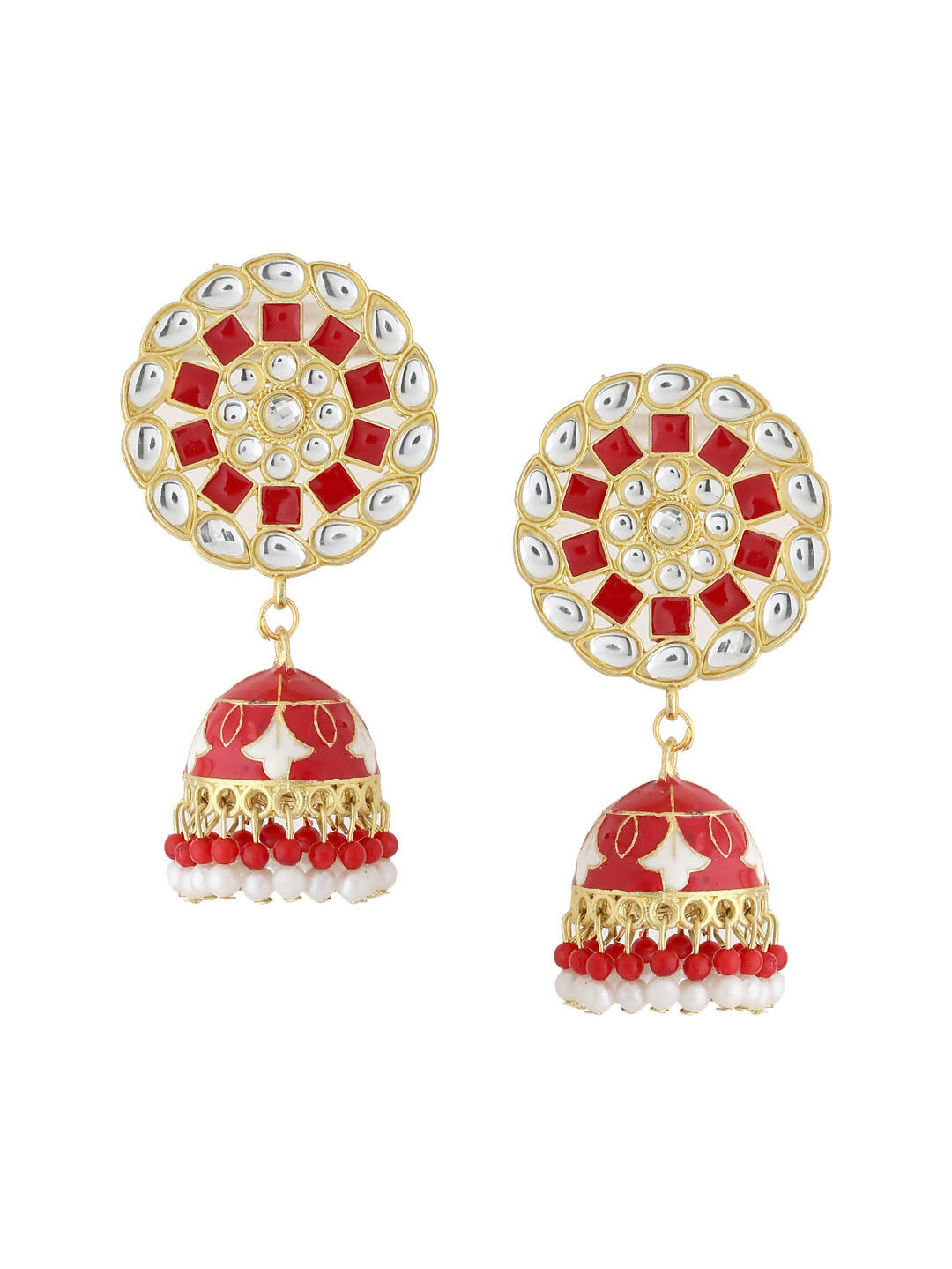 NVR Women Gold-Polished Red Dome Shaped Meenkari Jhumkas Earrings | Grocsy