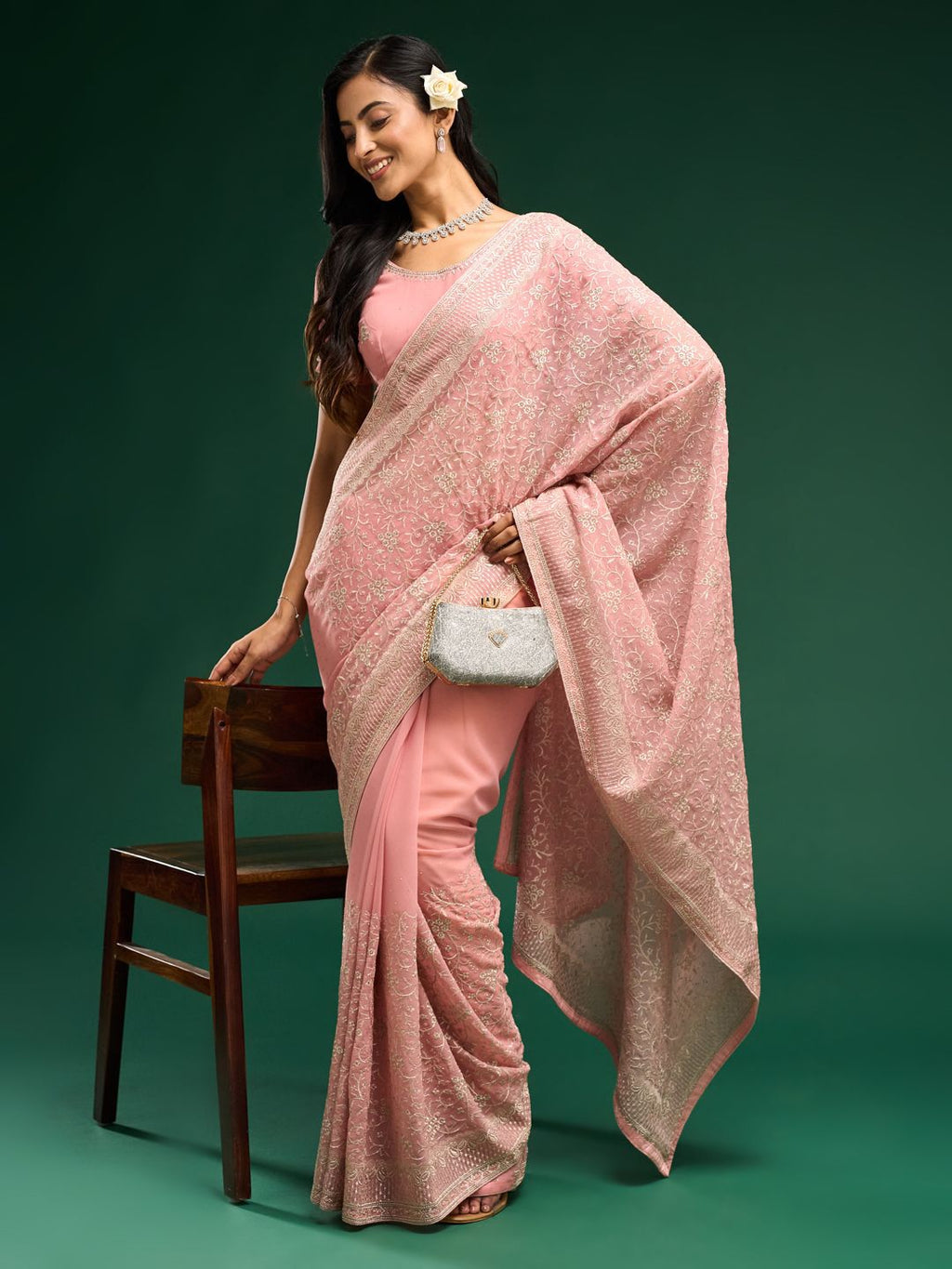 kasee Floral Embroidered Pure Georgette Saree | Grocsy