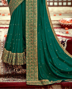 Bottle Green Vichitra Stone Work Saree With Unstitched Blouse Piece - Rosy | Grocsy