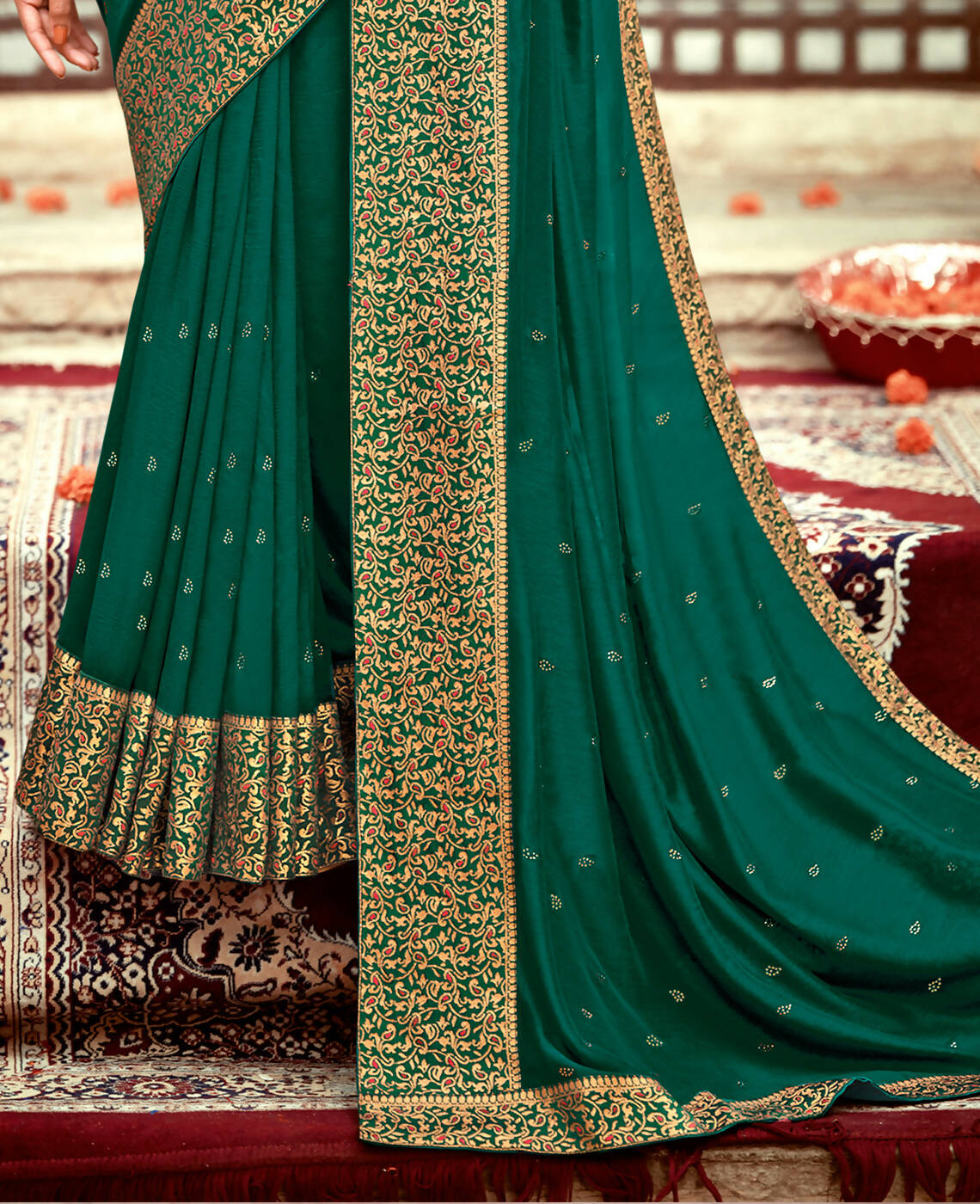 Bottle Green Vichitra Stone Work Saree With Unstitched Blouse Piece - Rosy | Grocsy