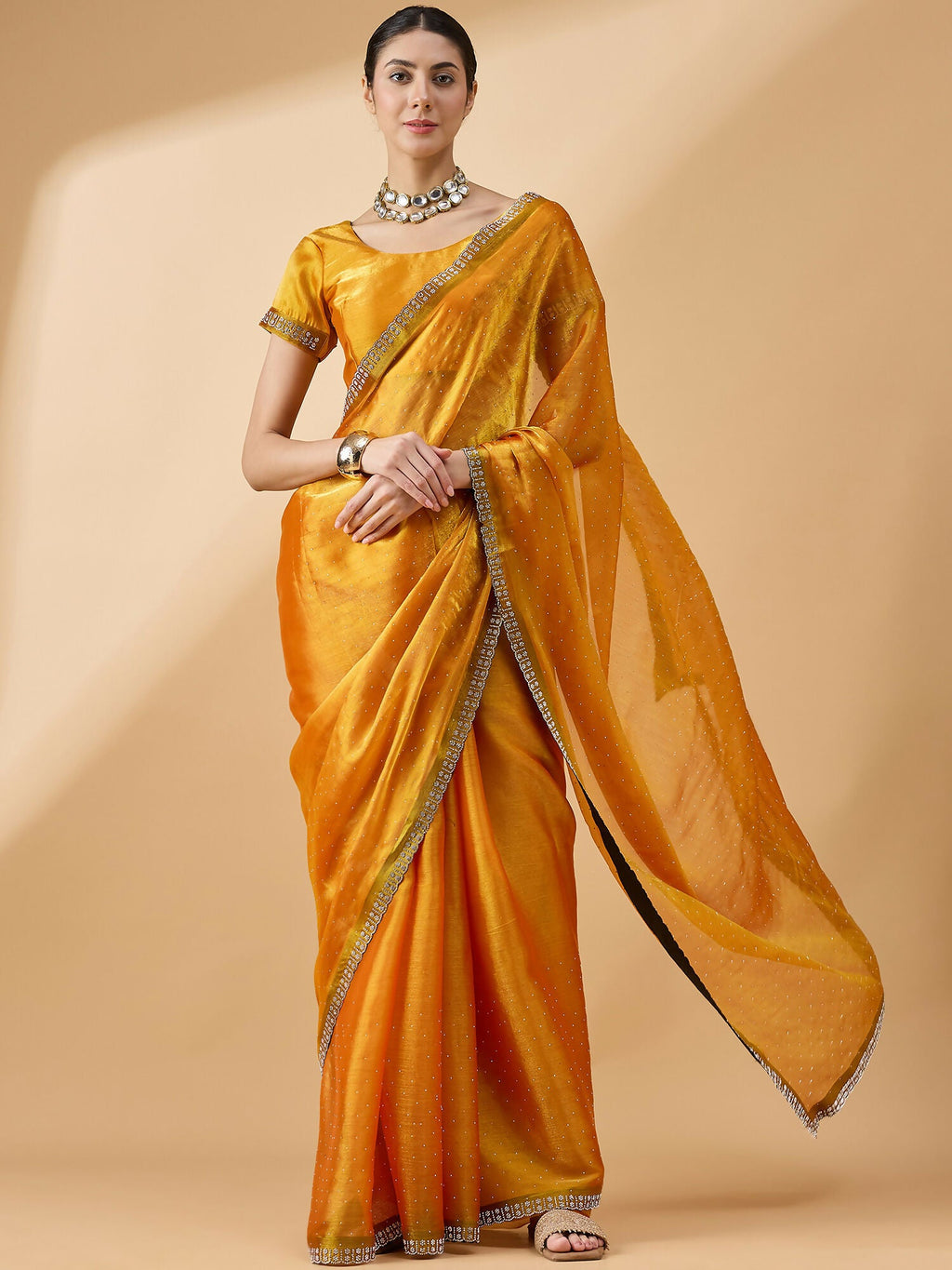Mustard Organza Swaroski Diamond Work Saree with Unstitched Blouse - Radha | Grocsy