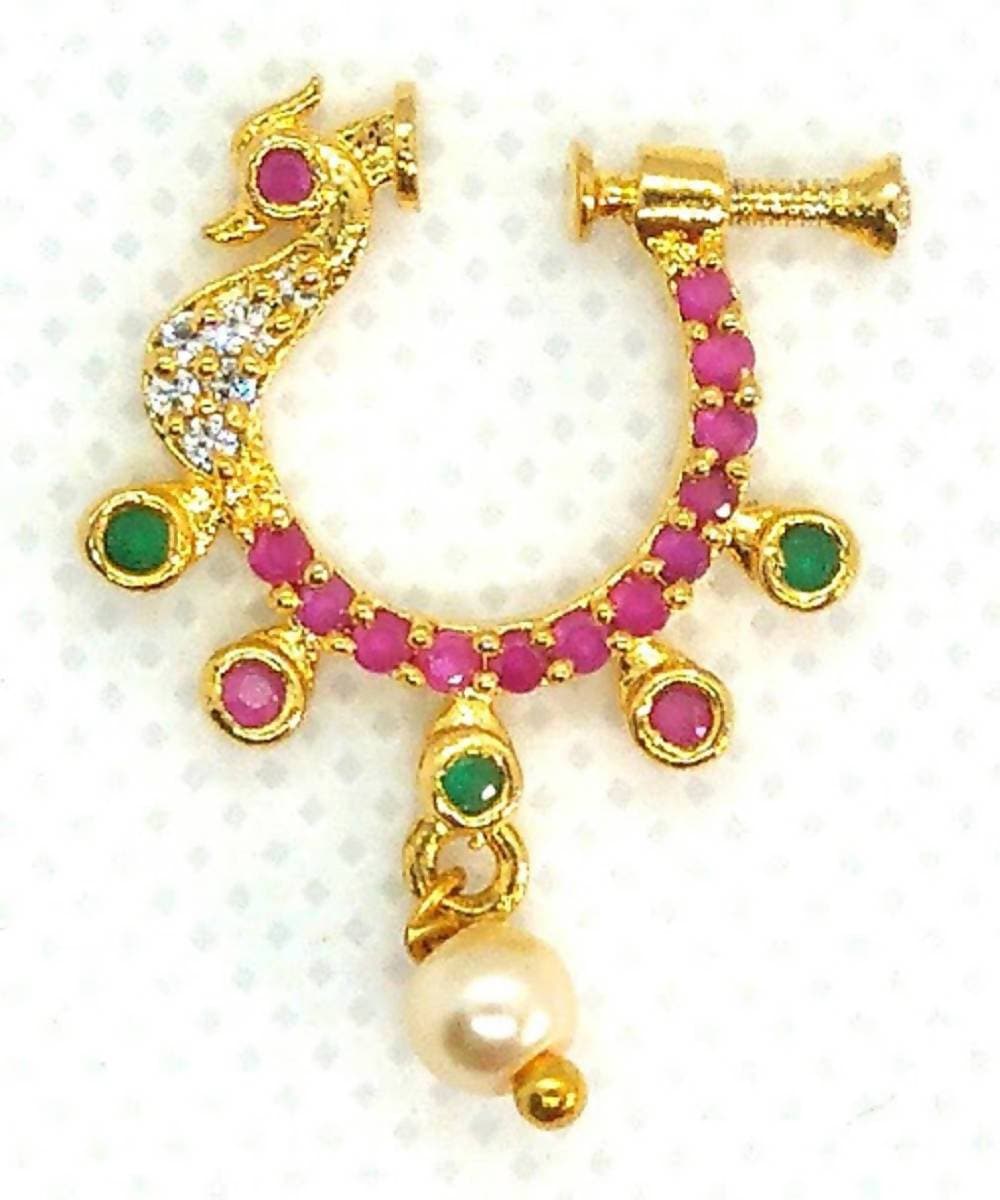 Pink & White AD Peacock Bridal Nose Ring | Grocsy