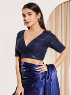 Joban Fashion Navy Blue Sequin Padded Blouse With V Neck Elbow Sleeves | Grocsy