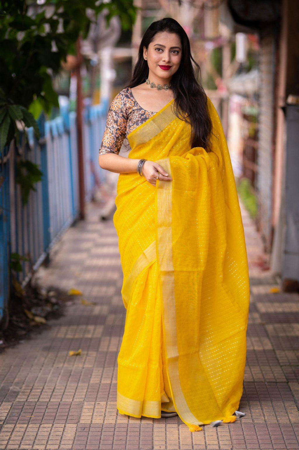 Mustard Linen Sequence Saree with Unstitched Blouse - Hiral Fashion | Grocsy