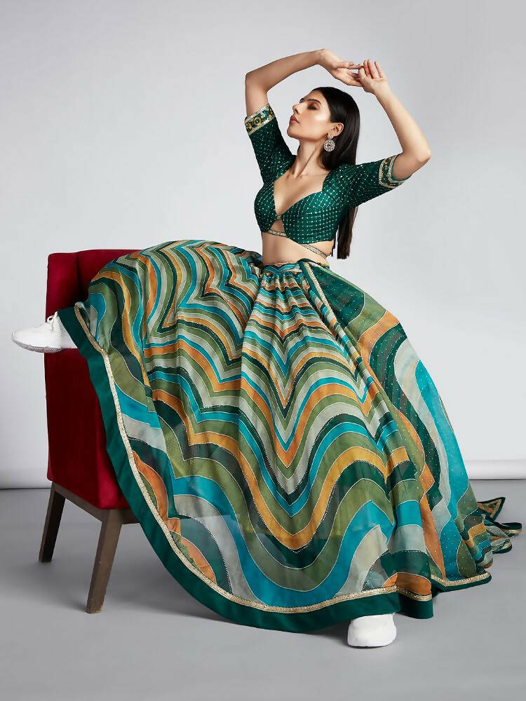 House of Panchhi Green Organza Siroski Stone Work Leheriya Print Lehenga Choli & Dupatta | Grocsy