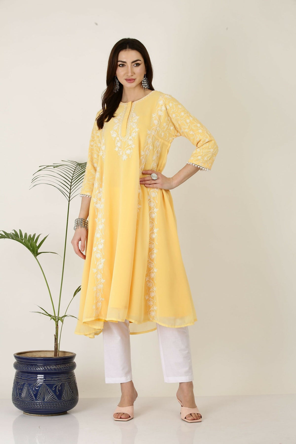 Joban Fashion Yellow&White Georgette Kurta Set | Grocsy