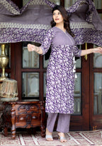 Miravan Women's Floral Block Printed Purple Angrakha Kurta And Palazzo With Dupatta Set | Grocsy