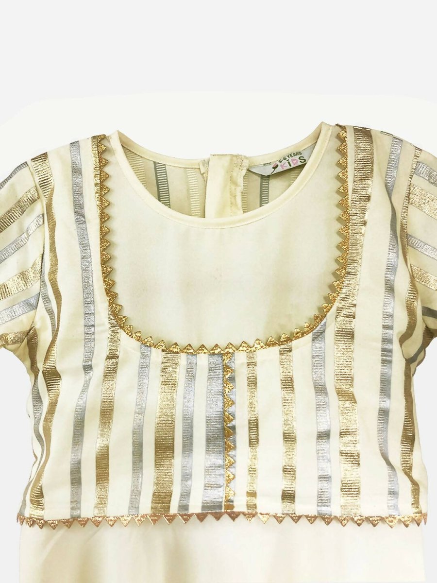Ahalyaa Cream Crepe Gold Foil Printed Kids Kurta with Jacket For Girls | Grocsy