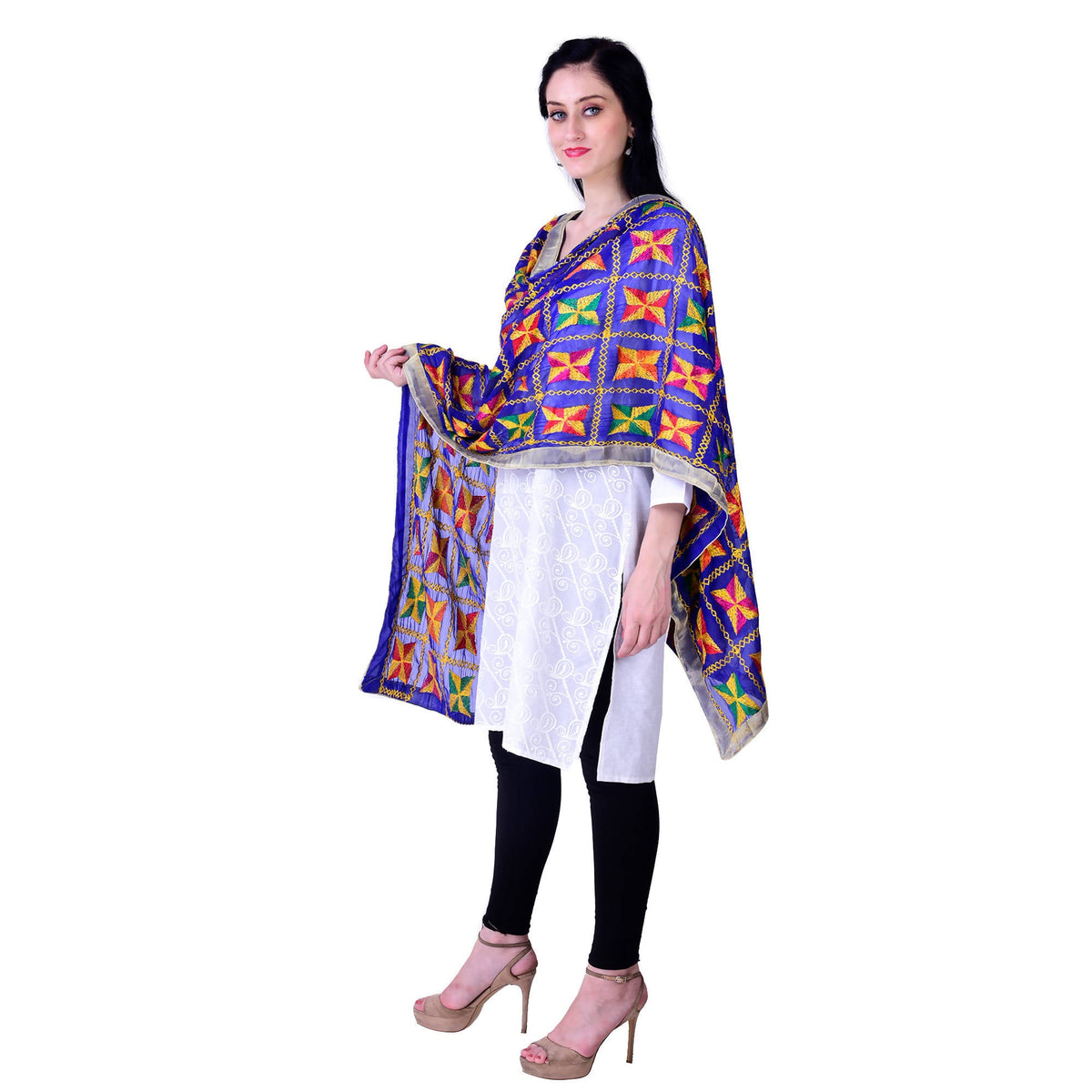 SWI Stylish Women's Embroidered Phulkari Chiffon Royal Blue Dupatta | Grocsy