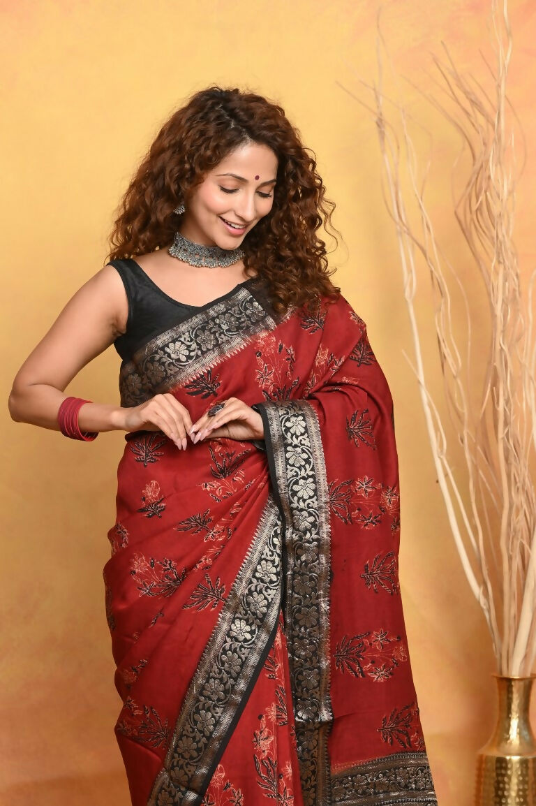 Very Much Indian Modal Silk Ajrakh Handblock Printed Natural Dyes With Designer Border Saree - Red | Grocsy