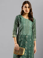 Sea Green Chinon Digital Printed With Hand Work Kurta - Himanshi | Grocsy
