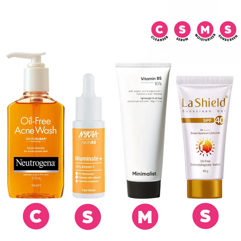 Grocsy CSMS (Cleanser, Serum, Moisturizer, Sunscreen) Combo For Oily Skin | Grocsy