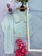Teeya Creation Womens New Fancy Sky Blue Embroidered Kurta with Salwar & Dupatta Set Palazzo Set | Grocsy