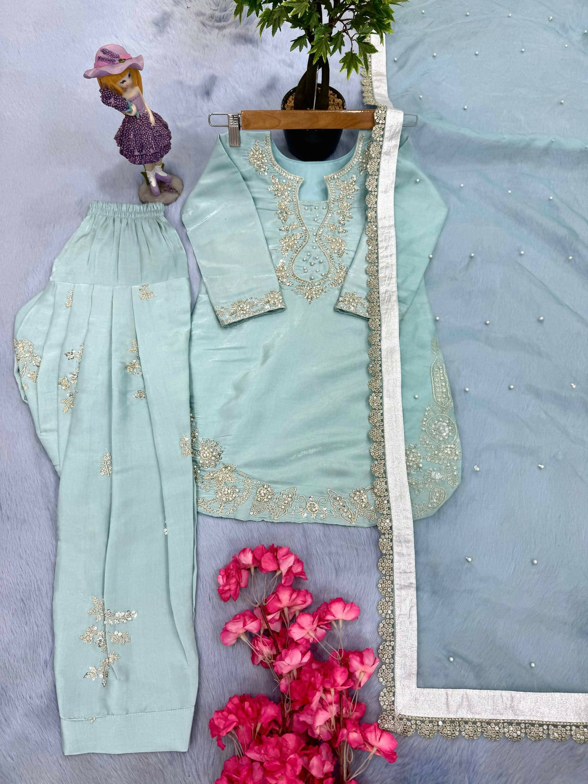 Teeya Creation Womens New Fancy Sky Blue Embroidered Kurta with Salwar & Dupatta Set Palazzo Set | Grocsy