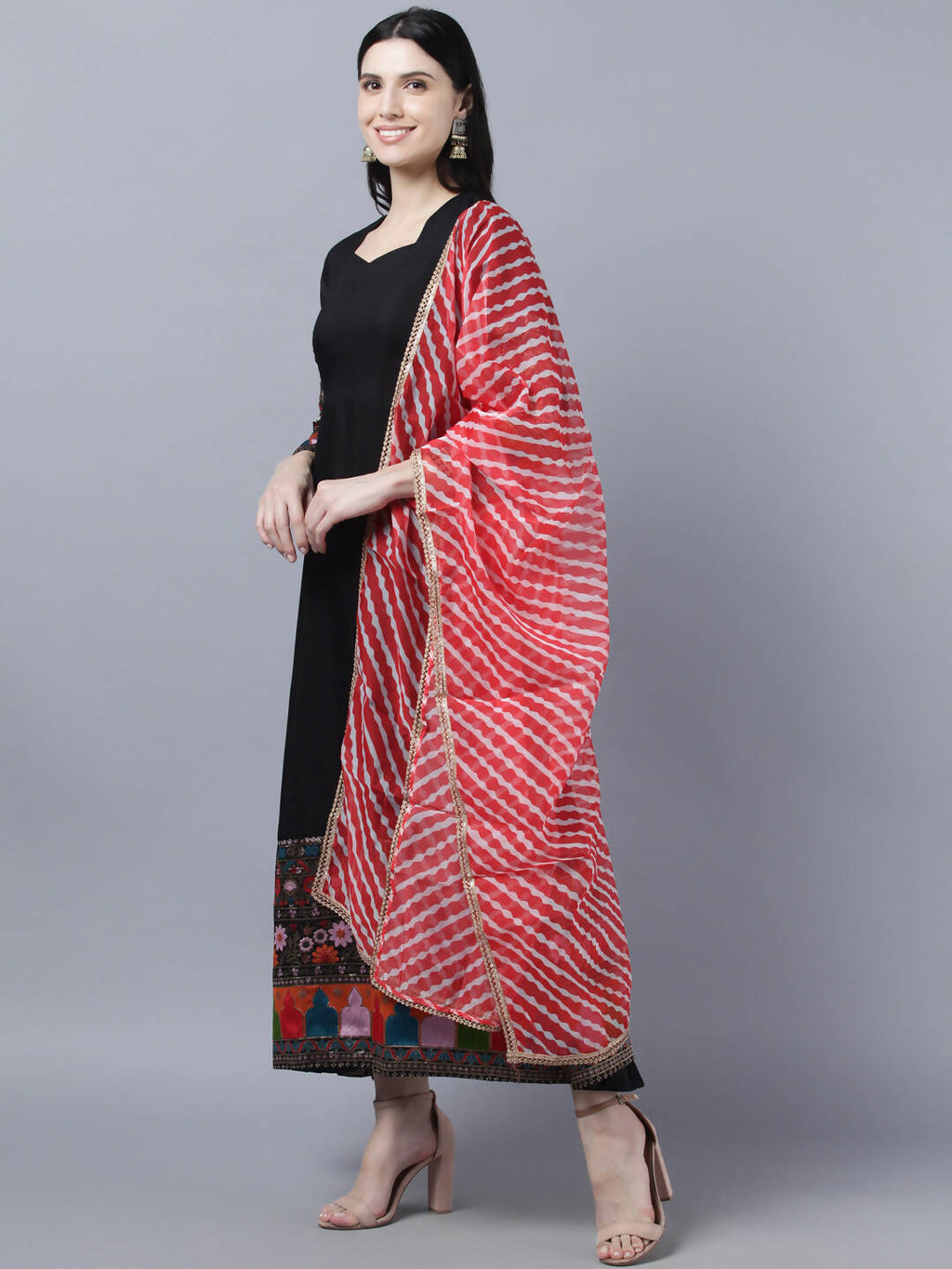 Myshka Women Black Embroidered Detail Anarkali Kurta With Dupatta | Grocsy