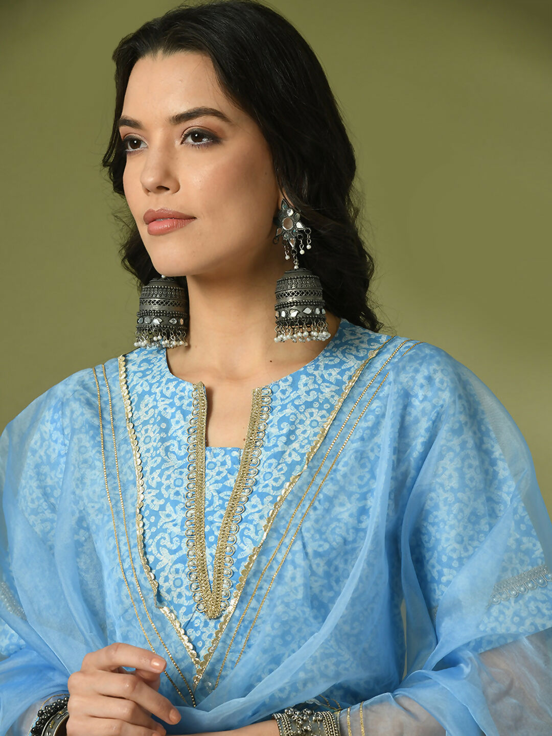 Myshka Women's Blue Printed Cotton Straight Party Kurta Set With Dupatta | Grocsy