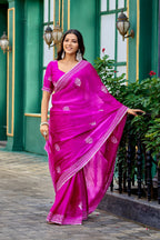 Vastranavya Pink Embroidery Work Shimmer Chiffon Saree with Unstitched Blouse | Grocsy
