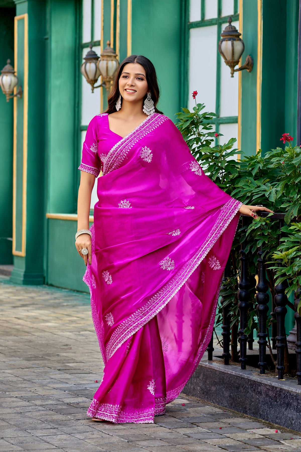 Vastranavya Pink Embroidery Work Shimmer Chiffon Saree with Unstitched Blouse | Grocsy