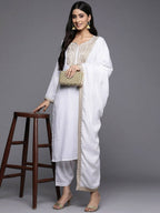 Ahalyaa Women White Ethnic Motifs Embroidered Aari Work Pashmina Kurta with Salwar & With Dupatta | Grocsy