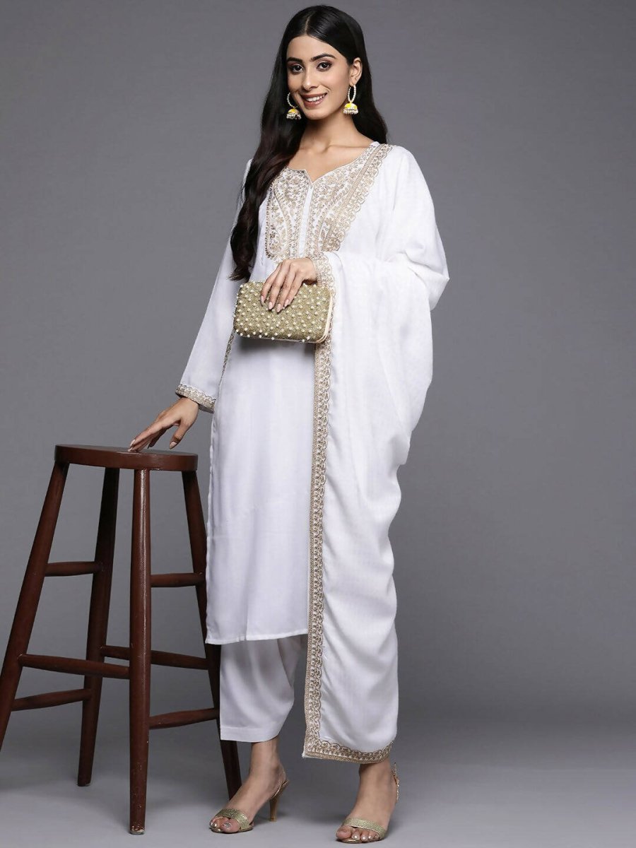 Ahalyaa Women White Ethnic Motifs Embroidered Aari Work Pashmina Kurta with Salwar & With Dupatta | Grocsy