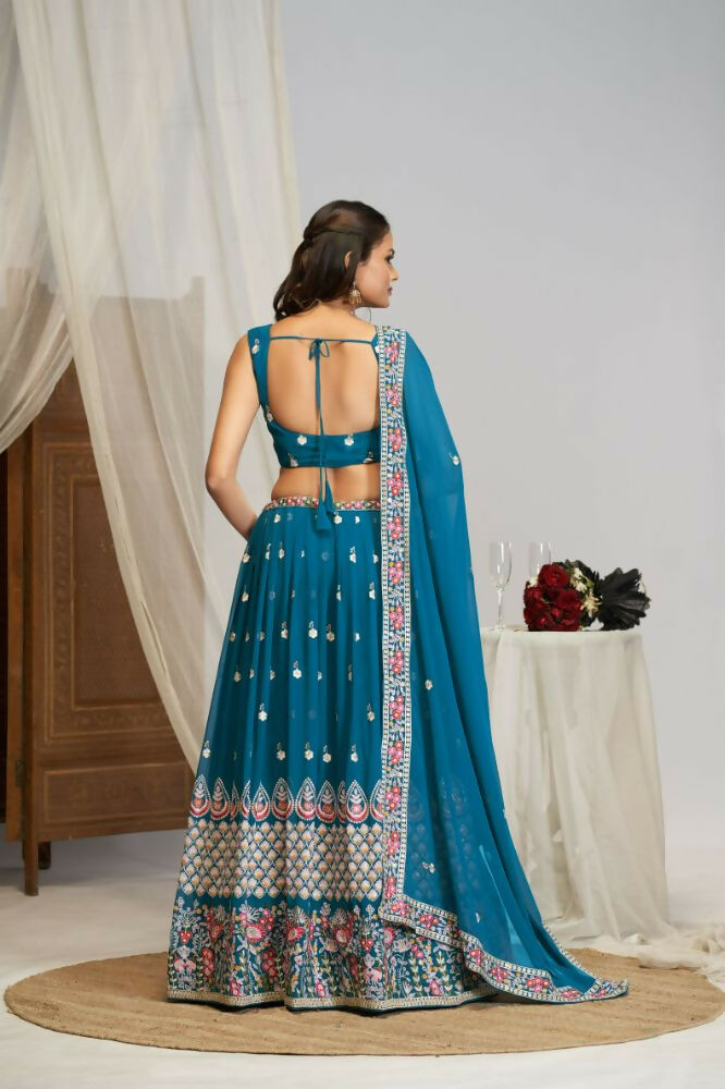 Teal Blue Georgette Thread Sequence Embroidery Work Lehnga Choli - Jihu Culture | Grocsy
