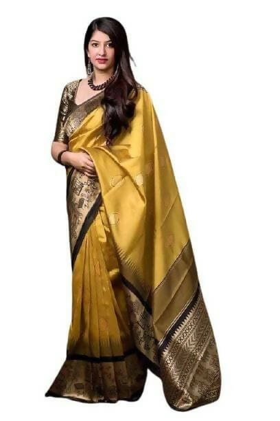 DEIANA'S Beautiful Designer Golden zari Soft Lichi Silk Saree - Yellow | Grocsy