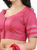 Joban Fashion South Pink Brocade Padded Blouse With Round Neck Elbow Sleeves | Grocsy
