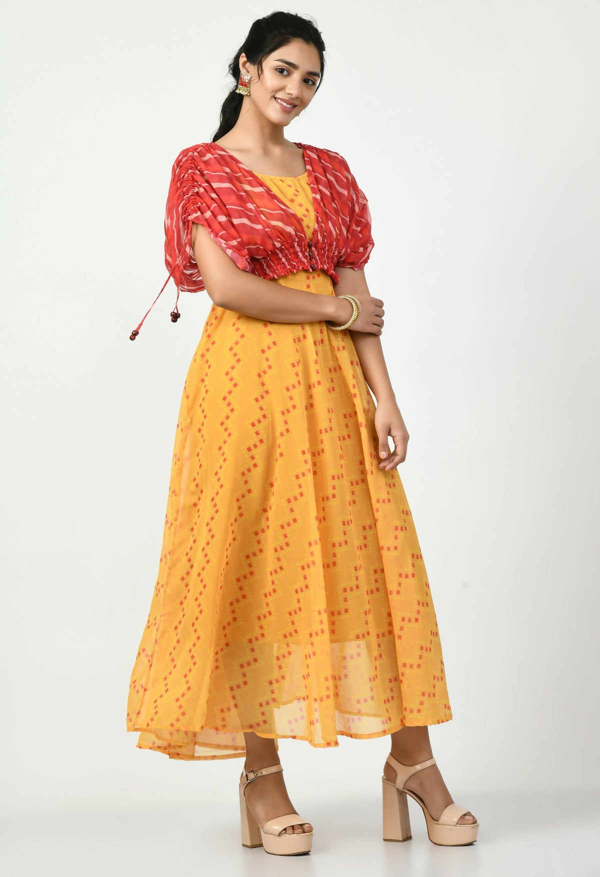 Myshka Women's Yellow Empire Printed Dress | Grocsy
