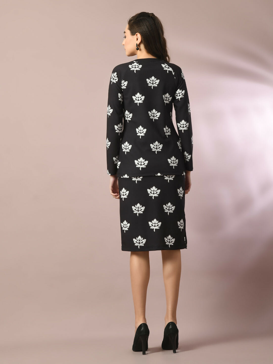 Myshka Women's Black Printed Round Neck Party Top With Skirt Co-ord set | Grocsy