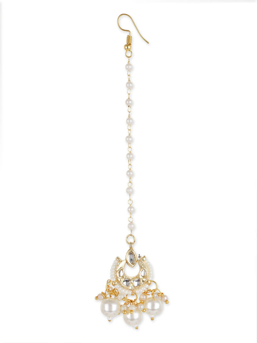 Gold-Polished White Kundan-Studded Beaded Layered Maang Tikka - Ruby Raang | Grocsy
