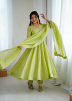 Teeya Creation Pista Green Color Heavy Crunchy Silk Embroidery Work Gown | Grocsy