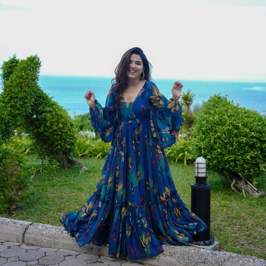 The52 Women's Gorgeous Printed work Georgette Fabric Flared Gown | Grocsy